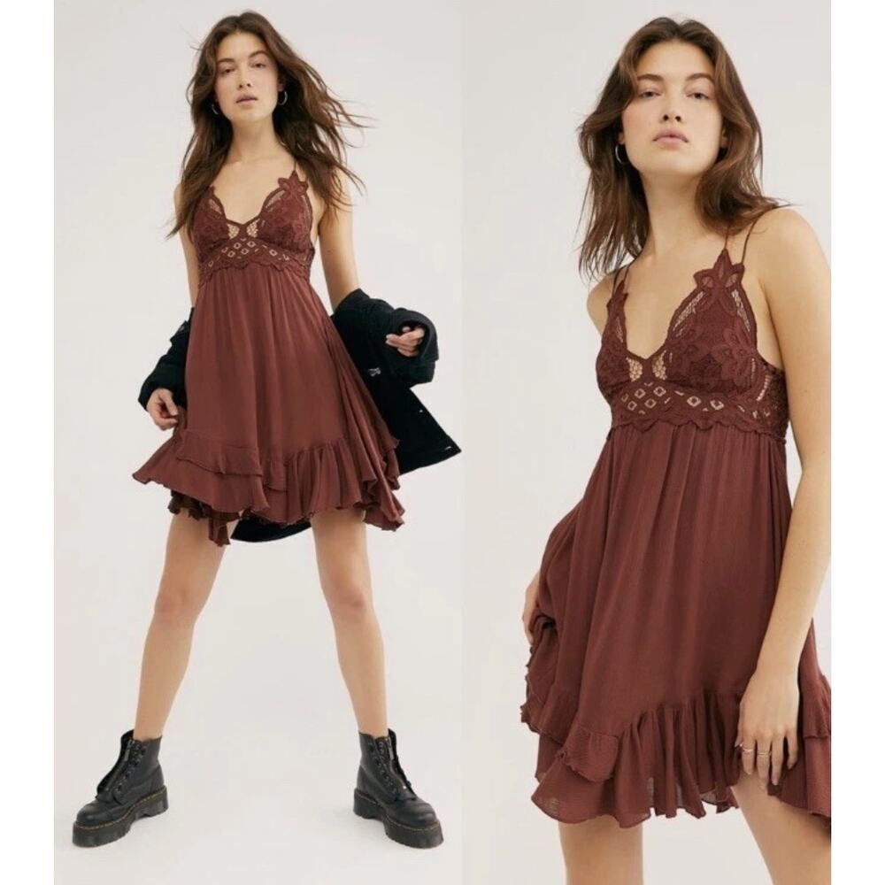 Free People Womens Adella Strappy V-Neck Lace Mini Mocha Brown Slip Dress XS